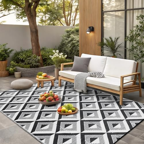 CHOSHOME Outdoor Rug for Patios Waterproof 120X180cm, Reversible Garden Rug UV-Resistant, Modern Foldable Lightweight Carpet for Balcony, Camping, Yard, RV, Portable Patio Rug Black