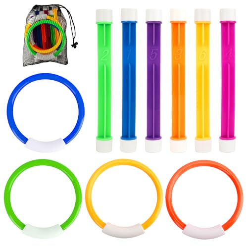 Pool Bath Toys Accessories for Kids Toddlers Ages 4-8, 4 Diving Rings 6 Clubs Sand Beach Outside Water Play Toys for Summer Swimming Game Party Supplies Favors Gifts Stuff Pool Accessories Must Have