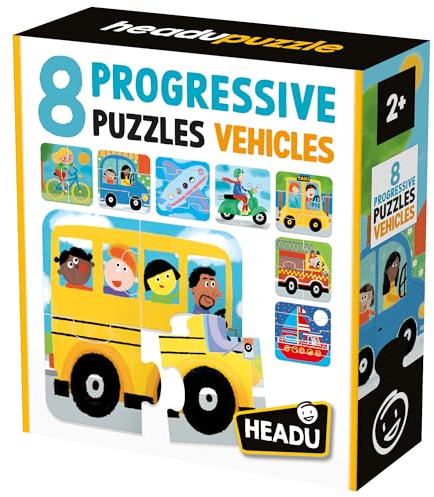 HEADU - 8 Progressive Puzzle Vehicles - De Grandes Pièces Adaptées Aux Plus Petits ! | Puzzle Educatifs 2 3 4 5 Ans, Jeux Éducatifs pour Enfants, Jeux Didactiques, Cadeau Enfants, Made in Italy