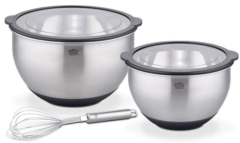 GSW Servierschüsselset Primo, Hochwertige Edelstahl Rühr- & Salatschüsseln mit luftdichtem Deckel, Teigschüssel, Küchenschüssel & Servierschale, 16cm/20cm/24cm, Silber