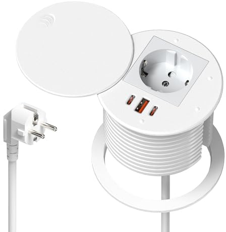 Inbyggt uttag med USB-C PD35 W & USB-A 30 W, Sewingvr bordsuttag med lock, infällbart uttag med 3 USB, 1,8 m kabel, vit