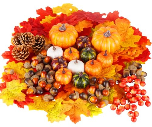 JEONDFG - Juego de calabazas artificiales de otoño, hojas de arce artificiales, diferentes calabazas artificiales, para otoño, Acción de Gracias, Halloween