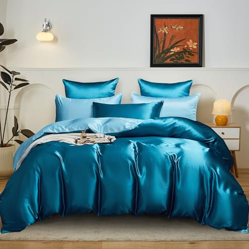 YASMENG Ropa de cama de satén de 155 x 220 cm, color azul petróleo, reversible, de seda, liso, brillante, suave, sedoso, de satén, 3 piezas, con cremallera y 2 fundas de almohada de 80 x 80 cm