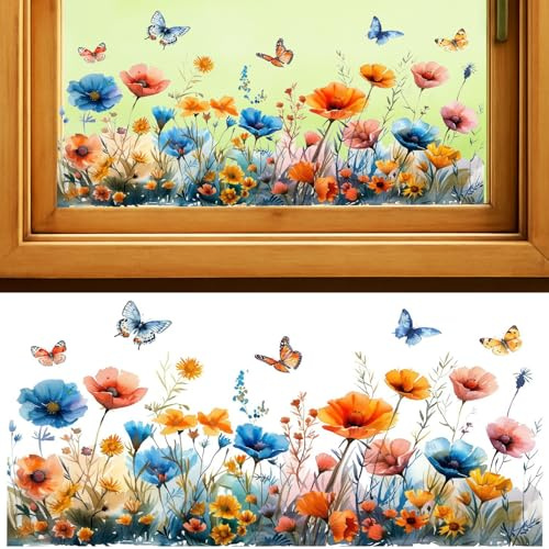 Window Stickers Static Cling Window Film, Stain Glass Summer Window Film Self Adhesive for Glass Wall Frosted Bird Anti-Collision, Vivid Flowers Removable Residue-Free No Glue Double-Side, D3613