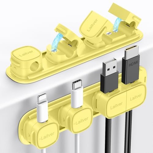 Cable Clips Holders - Laitver 6 Pack [Magnetic Buckle 1s Open/Lock] Cable Tidy Cord Organiser Management, No-Residue Strong Adhesive Desk Wire Charging Cords Keeper for Home, Office- Cream Yellow