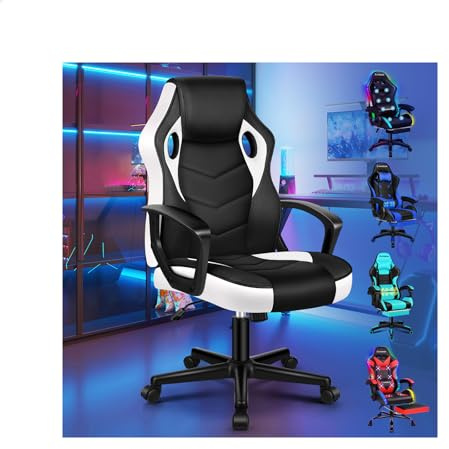 ELFORDSON Gaming Chair, Video Game Chairs, Ergonomic Computer Desk Office Chairs Racing Style, Adjustable Height & Tilt, 360° Swivel, Breathable Mesh & PU Leather, Home Office Esports, White