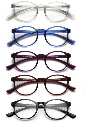 SKYWAY 5 Pack Occhiali da Lettura per Donna/Uomo - Occhiali da Lettura per Computer con Filtro Luce Blu/Montatura Rotonda Leggera - Occhiali da Vista Retrò con Lenti Trasparenti (+2.25)