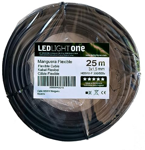 Led Light One Kabel H05VVV-F Schlauch 3x1,5mm 25m (Schwarz) Betriebsspannung: 500 V Maximale Betriebstemperatur 70 ºC. Kabel für feste und mobile Installationen in Wohn- und Geschäftsräumen.