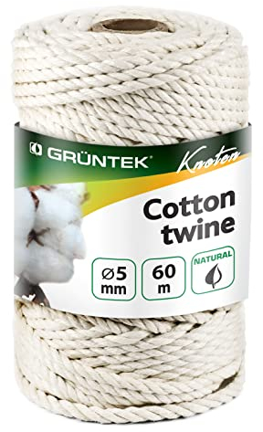 GRÜNTEK Macramé Cordel Cuerda Algodón 3 Hilos Macramé de 5 mm - Rollo de 60 m - de Color Crema - para jardinería, decoración, Regalos