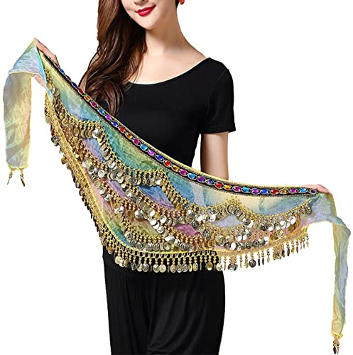 Cintura di Danza del Ventre, Gonna Moneta d'Oro, Foulard ai Fianchi per Spettacoli sul Palco, Compleanno e Festa (Colorati)