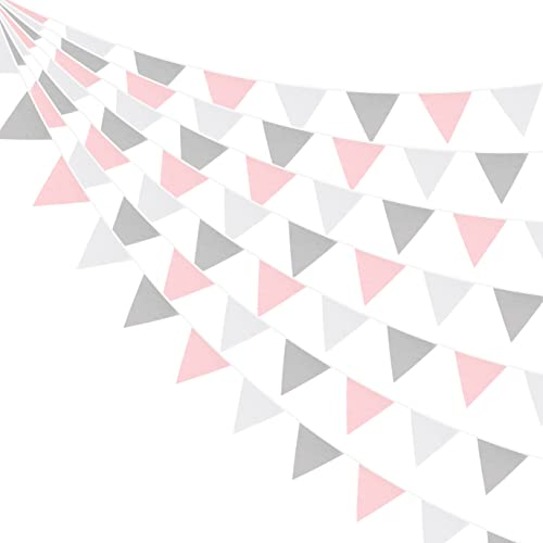 G2PLUS 12m Rosa Grau und Weiß Wimpelkette Stoff, 42 STK Große Stoffgirlande, 19x21CM Stoff Wimpel Girlande für Haus und Garten Dekoration