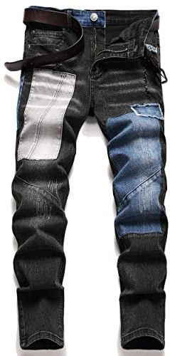 XIMXIMMTIAN Biker Jeans for Men,Slim Fit Stretch Distressed Denim Pants (40, 9237 Blue and Black)