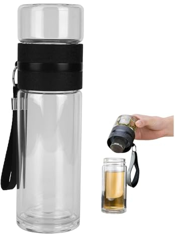 Bouteille de thé infusé en verre, bouteille infuseur à thé, infuseur thé bouteille, à thé 500ml bouteille d'eau à double paroi escarpée avec infusion de thé tasse, de voyage transparente portable
