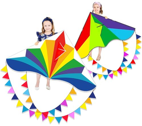 Flying Hoofer Large Rainbow Delta Kites for Kids & Adults,Single Line Beach Kite for Kids Ages 4-8 & 8-12,Easy Fly Kite for Toddlers and Beginners(2 Pack).
