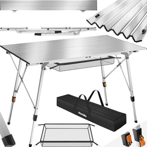 TecTake Table de camping haut de gamme, hauteur réglable, aluminium léger, résistante aux intempéries, installation facile avec filet de rangement, table pliante avec sac de transport à double poignée