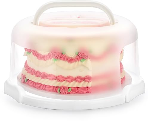 OLegei Boîte de transport à gâteaux portable en plastique multifonction Boîte à gâteaux porte-gâteau avec poignées et plateau tournant pour cupcakes, desserts, pain, tartes (blanc, 30cm)