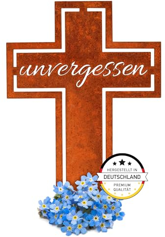 EXTRAVAGANT® Décoration funéraire en forme de croix « inoubliable » - Résistant aux intempéries - Métal - Acier inoxydable - Patine - Décoration funéraire - Décoration de cimetière - Durable - Plaque