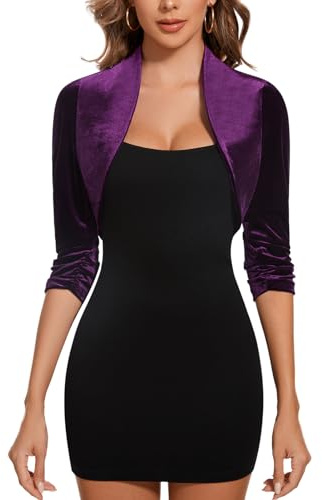 LADI TREND - Suéter de manga 3/4 con arrugues para mujer, estilo bolero, semi forrado, con abertura frontal, de terciopelo, para ocasiones casuales, de oficina, para fiestas, L