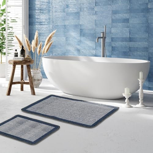miqna Schwarz-Weiß Gestreiftes 2-teiliges Badezimmerteppich Set – Moderner, Rutschfester und Wasserabsorbierender Badvorleger (Barley Black, 60 x 100 cm - 50 x 60 cm)