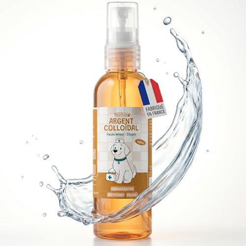 Museau & Co Argent Colloïdal 20ppm Chien Chat - Antiseptique Naturel Plaies Démangeaisons - Spray Cicatrisant Peau Irritée - Antibactérien Antifongique - 100ml - Fabriqué en France