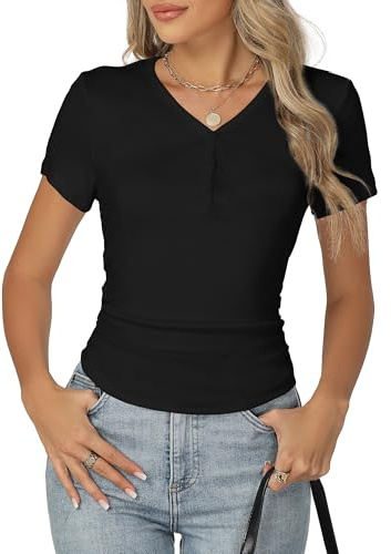 Famrrifuu Maglia Manica Corta Donna Elegante Scollo a V con Bottone Maglietta Basic Top a Coste Leggero Estivo Casual T-Shirt, Nero, XL