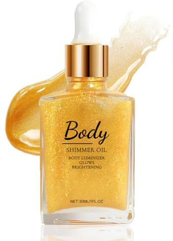 Huile scintillante pour le corps, huile scintillante pour le visage, maquillage longue tenue, illuminateur pour les joues et les lèvres, lotion scintillante pour le corps, 30 ml (Doré)