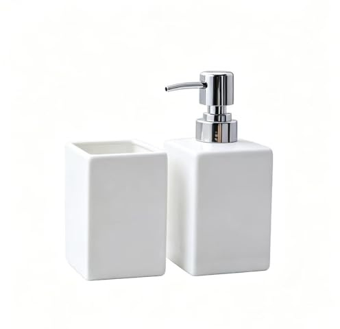 AORTULL Set di accessori da bagno in ceramica, set da bagno da 3 pezzi moderno bianco quadrato da appoggio, dispenser di sapone, bicchiere porta spazzolino da denti, vassoio in legno