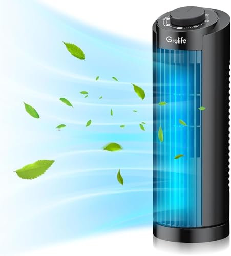 Grelife Turmventilator Leiser, 7,9m/s Geschwindigkeit, 80° Oszillierende Ventilatoren, Schnelle Kühlung Tischventilator für Büro, Zuhause, Schlafzimmer