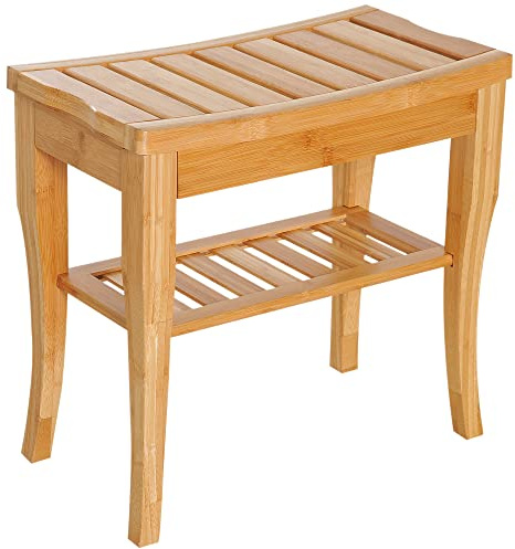 HOMCOM Taburete de Baño de Bambú con Estante de Almacenamiento Banco de Baño Antideslizante Impermeable y Robusta Taburete de Ducha para Hogar Salón Dormitorio SPA 47,5x26x44,5 cm Natural