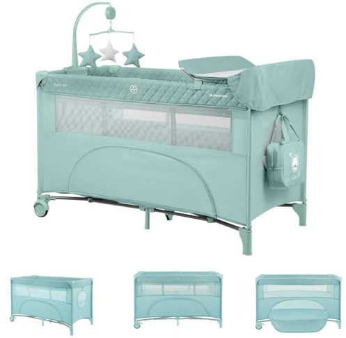 Kikka boo Reisebett Nighty Night, 2 Ebenen, Spielbogen, 2 Räder, Wickelauflage hellgrün