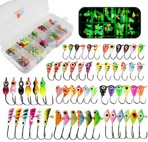MUUNN Ice Fishing Jigs Kit, 60pcs Micro Jig Heads Lures Hook Set for Winter Ice Jigging, Panfish, Perch, Trout, Bluegill, Walleye, Crappie Ice Fishing Lures Hooks Set with Storage Box