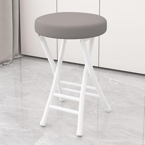 QTWLG 50cm Hem Hopfällbar Pall Läder Vadderad Fällbara Stolar För Kök Campingdisk Inomhus Utomhus Portabel Hopfällbar Stol(Grey+White)