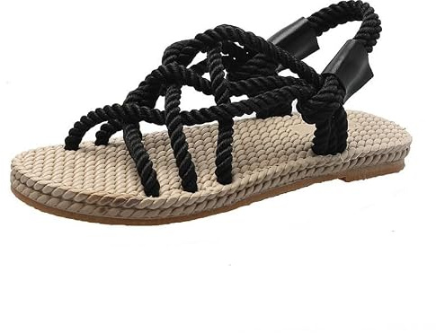 Sandales Romaines Plates Femme Tressées Corde Plage Ouvertes Été | Bohème Sandales Gladiateur à Brides Tressées Antidérapantes Chaussures Vacances Noir Beige