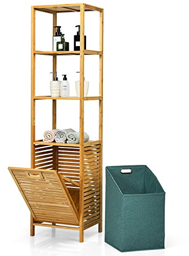 GIANTEX Badezimmer Regal mit Wäschekorb, hoher Wäscheschrank mit Wäschesack & 3 Ablagen, Wäschesammler aus Bambus, Hochschrank für Schmutzwäsche & Badaccessoires (40 x 33 x 160 cm)