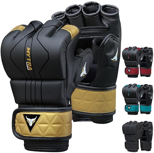 Mytra Fusion MMA Handschuhe mit offener belüfteter Handfläche MMA Sparring Handschuhe Kickboxen, Grappling, Training, Cage Fighting Mixed Martial Arts Handschuhe (XL, Black/Gold)
