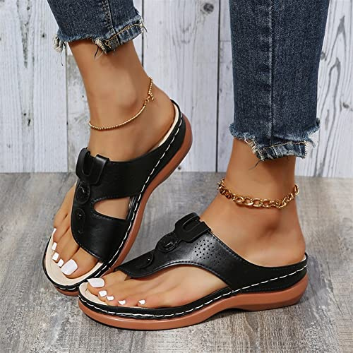 Femmes Sandales orthopédiques, pantoufles en cuir PU pour femmes, Peep Toe chaussures de voyage de plage Tongs avec Hallux Valgus Support Platform Semi Trailer Sandals ( Color : Noir , Size : 39 EU )