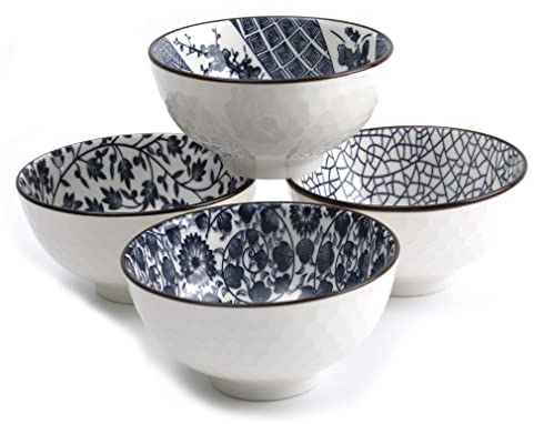 lachineuse - Coffret 4 Bols Chinois Motifs Asiatiques Bleus ⌀ 11cm - Bols à Riz, Petit Déjeuner & Soupe - Motifs Traditionnels Japonais Chinois - Bol Asiatique Japonais Asie - Cadeau Vaisselle