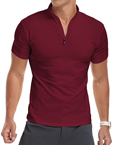 KUYIGO Camisas de los Hombres de Manga Corta Polo Cuarto de Cremallera Casual Slim Fit Cuello Mock Camisas de algodón Diseñado BasicXL Vino Rojo