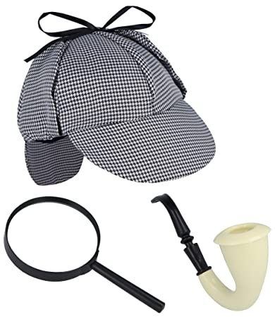 HENBRANDT Adult Victorian Gentleman Detective Kit with Houndstooth Deerstalker Hat, Fake Pipe and Magnifying Glass Victorian Era 1920s Detective Holmes Fancy Dress Accessories Set for Men and Women