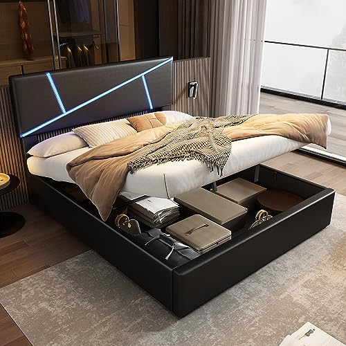 Kehun Polsterbett Doppelbett 160x200 cm mit LED-Kopfteil, Bett mit Stauraum und Lattenrost aus Holz, Modern Bettrahmen mit Hydraulisches Metallrahmen, Synthetisches Leder, Schwarz, Ohne Matratze