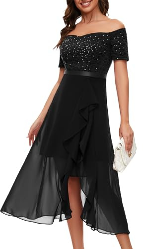 Berylove Robe de soirée longue à paillettes pour femme - Robe de cocktail élégante pour mariage - Robe à épaules dénudées - Robe de bal, Noir , M