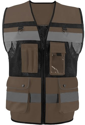 OPLERAI Safety Vest Reflective Construction Vests with 7 Pockets and Zip High Visibility Vest for Men Hi Vis Mesh Work Vests Meet ANSI/ISEA 107-2020 Class 2(Khaki L)