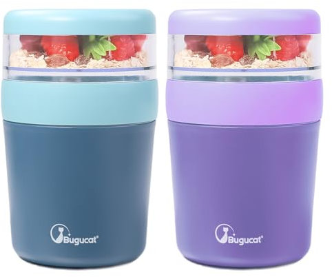 Bugucat 2 bicchieri di cereali da asporto, 500 ml+150 ml, pratico bicchiere da yogurt e cereali, per picnic, a prova di perdite, bicchiere da yogurt da asporto con cucchiaio, colore: blu e viola