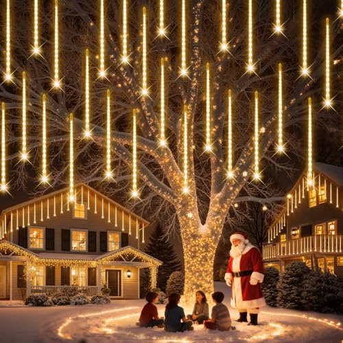 PEMOTech Julbelysning utomhus, 16 rör 40 cm 576 LED meteordusch lampor, vattentäta juldekorationer istappar ljus för julgran halloweenfest, Ul kontakt, varm vit