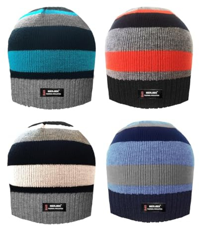 Pack of 4 - Childrens Thermal Winter Beanie Hat Junior Kids Soft Fleece Lined Striped Stretchy Beanie Hat Multi