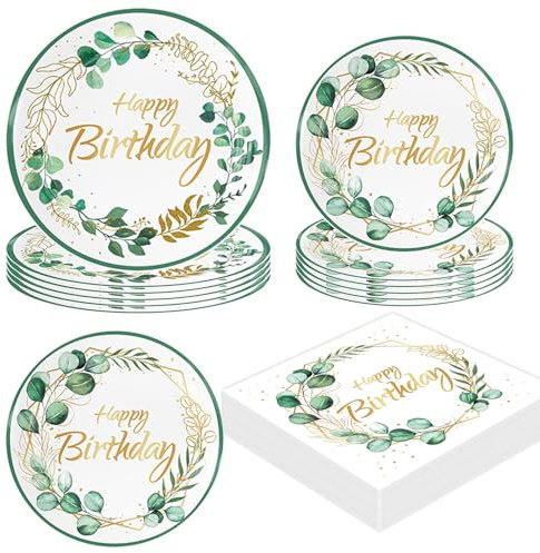 AINIUNIU 40 pièces Sauge Vert Eucalyptus Anniversaire Assiette Decoration, Happy Birthday Deco, Vaisselle de Fête Assiette Papier Serviette pour Decoration Anniversaire Baby Shower (10 Invités)