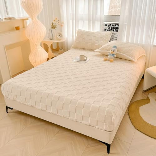 Ayoiow spännlakan 220 x 200 cm, spännlakan polyesterfiber kvadratiskt mönster spännlakan beige vit
