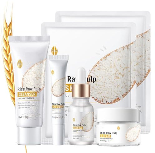 Reis Feuchtigkeit Gesichtspflege Set, Rice Glow Skincare Set für Sanftes Peeling und Strahlende Haut, Anti-Aging Hautpflege Set mit Reis Serum Gesichtscreme Augencreme Cleanser Glow Mask - 6PCS
