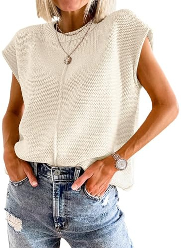 Jhsnjnr Womens Summer Tops Oversized Cap Sleeve Sweater Vest Lightweight Crew Neck Knitted Sleeveless Pullover Shirts Apricot