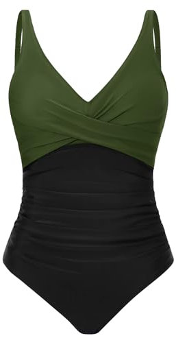 Tuopuda Badeanzug Damen Einteiliger Bademode v Ausschnitt Push Up Schwimmanzug One Piece Bauchweg Retro Badeanzüge Plus Size Badebekleidung, Schwarz-F, XXL